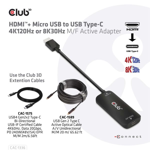 CLUB3D HDMI + Micro USB to USB Type-C 4K120Hz or 8K30Hz M/F Active Adapter (CAC-1336)