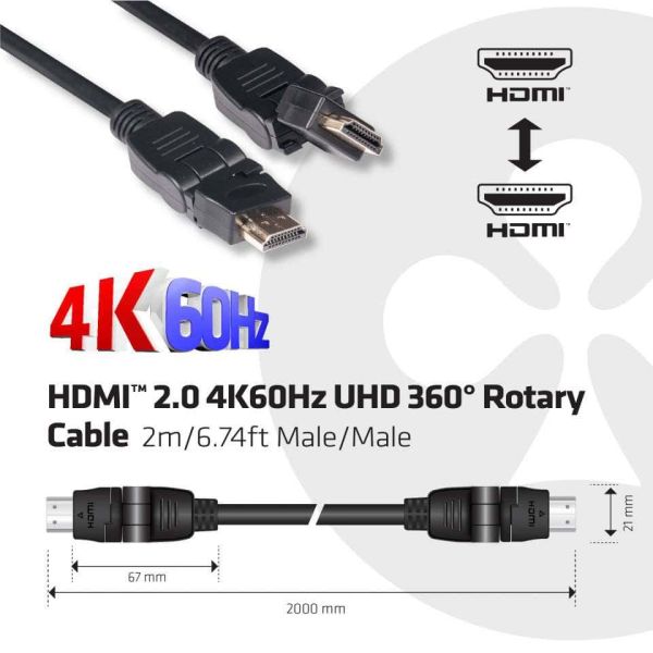 CLUB3D HDMI 2.0 4K60Hz UHD 360 Graden roterende kabel 2 meter (CAC-1360)