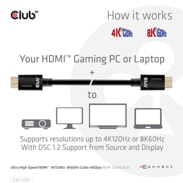 CLUB3D Ultra High Speed HDMI 4K120Hz, 8K60Hz Certified Cable 48Gbps M/M 1 m/3.28 ft 1Meter (CAC-1371)