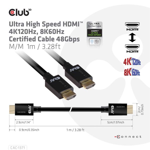 CLUB3D Ultra High Speed HDMI 4K120Hz, 8K60Hz Certified Cable 48Gbps M/M 1 m/3.28 ft 1Meter (CAC-1371)