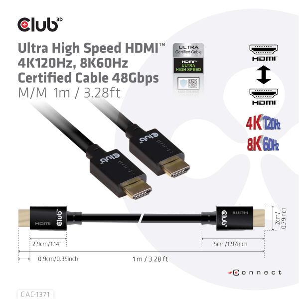 CLUB3D Ultra High Speed HDMI 4K120Hz, 8K60Hz Certified Cable 48Gbps M/M 1 m/3.28 ft 1Meter (CAC-1371)