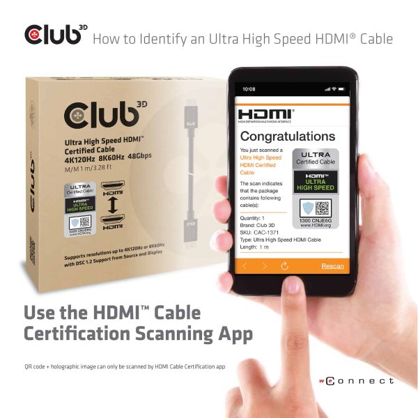 CLUB3D Ultra High Speed HDMI 4K120Hz, 8K60Hz Certified Cable 48Gbps M/M 1 m/3.28 ft 1Meter (CAC-1371)