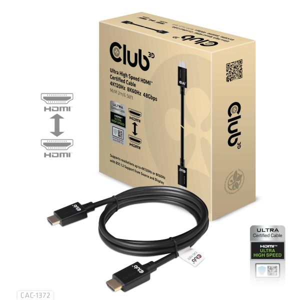 CLUB3D Ultra High Speed HDMI 4K120Hz, 8K60Hz Certified Cable 48Gbps M/M 2 m / 6.56 ft (CAC-1372) CLUB3D Ultra High Speed HDMI 4K120Hz, 8K60Hz Certified Cable 48Gbps M/M 2 m / 6.56 ft (CAC-1372)