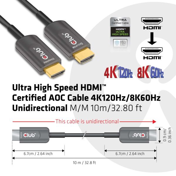 CLUB3D Ultra High Speed ​​HDMI 2.1™ gecertificeerde AOC-kabel 4K120Hz/8K60Hz Unidirectioneel M/M 10 meter (CAC-1376)