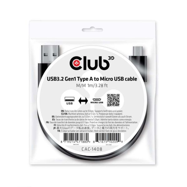 CLUB3D USB 3.2 Gen1 Type-A to Micro USB Cable M/M 1m /3.28ft (CAC-1408)