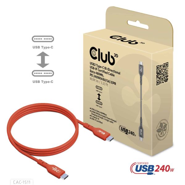 CLUB3D USB2 Type-C Bi-Directional USB-IF Certified Cable Data 480Mb, PD 240W(48V/5A) EPR M/M 1m / 3.23 ft (CAC-1511)