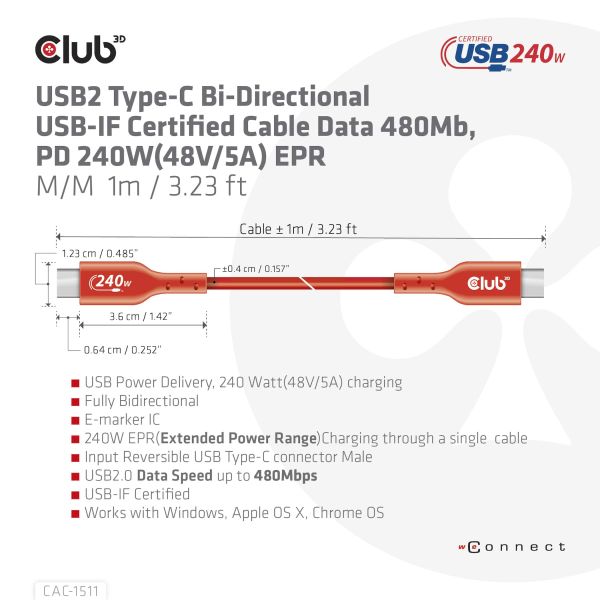 CLUB3D USB2 Type-C Bi-Directional USB-IF Certified Cable Data 480Mb, PD 240W(48V/5A) EPR M/M 1m / 3.23 ft (CAC-1511)