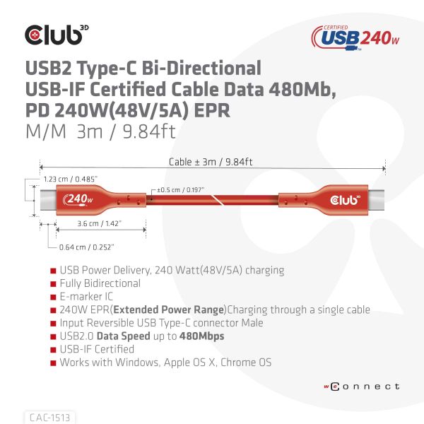 CLUB3D USB2 Type-C Bi-Directional USB-IF Certified Cable Data 480Mb, PD 240W(48V/5A) EPR M/M 3m / 9.84 ft (CAC-1513)