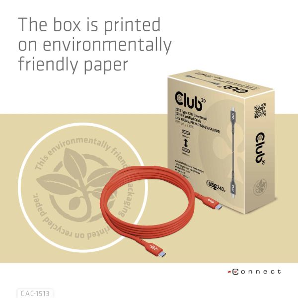 CLUB3D USB2 Type-C Bi-Directional USB-IF Certified Cable Data 480Mb, PD 240W(48V/5A) EPR M/M 3m / 9.84 ft (CAC-1513)