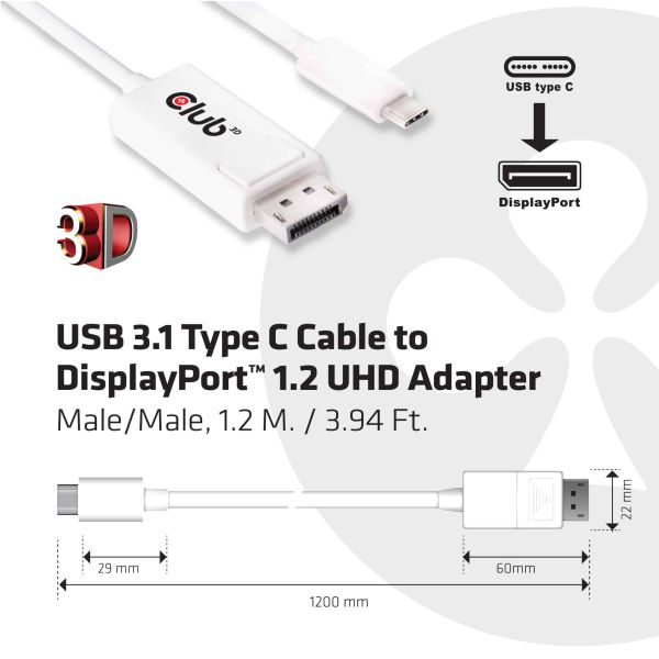CLUB3D USB 3.1 Type C Cable to DisplayPort 1.2 UHD Adapter (CAC-1517)