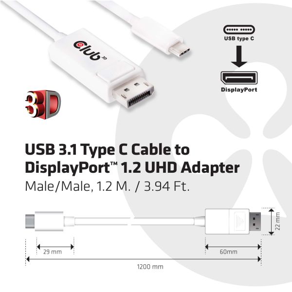 CLUB3D USB 3.1 Type C Cable to DisplayPort 1.2 UHD Adapter (CAC-1517)