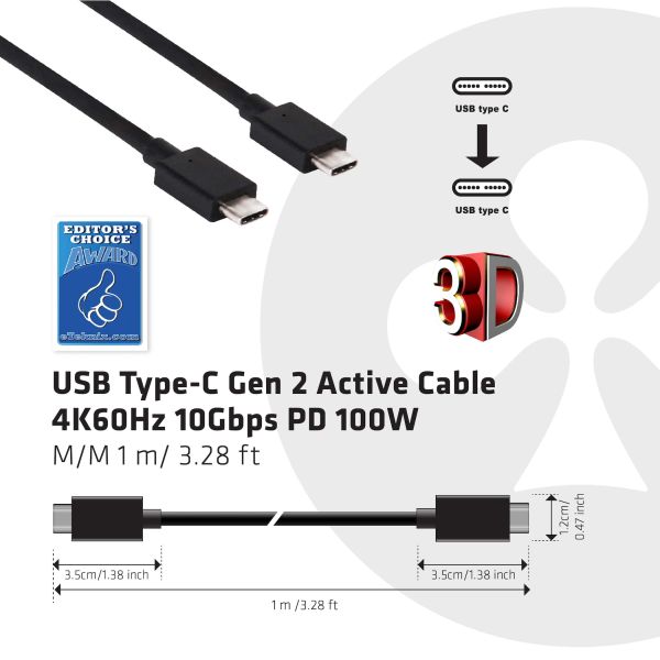 CLUB3D USB Type-C Gen 2 actieve kabel - 4K60Hz, 10Gbps(data) Opladen op 100W M/V 1 m ook geschikt voor Apple Macs (CAC-1522)