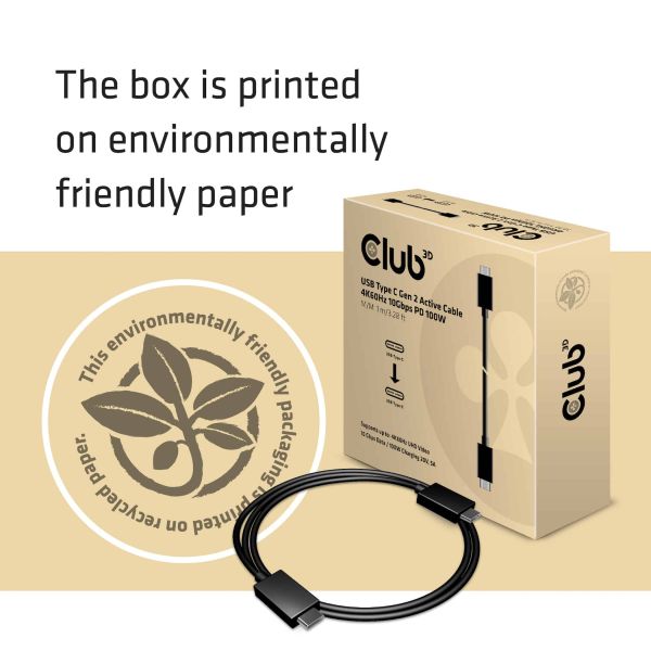 CLUB3D USB Type-C Gen 2 actieve kabel - 4K60Hz, 10Gbps(data) Opladen op 100W M/V 1 m ook geschikt voor Apple Macs (CAC-1522)