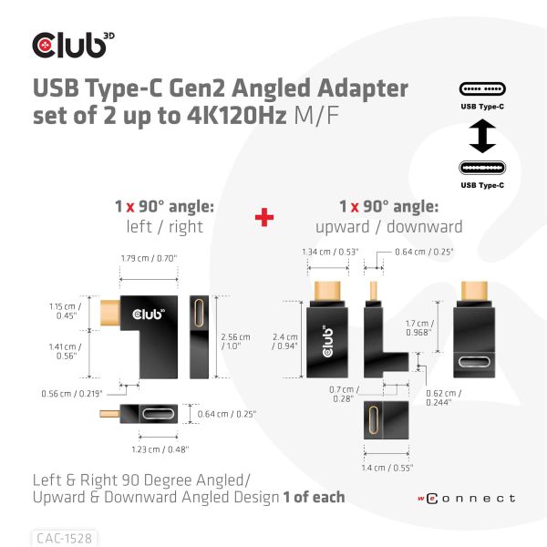 CLUB3D USB Type-C Gen2 Angled Adapter set van 2 - 4K120Hz M/V (CAC-1528)