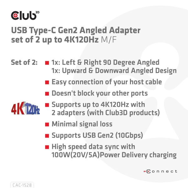 CLUB3D USB Type-C Gen2 Angled Adapter set van 2 - 4K120Hz M/V (CAC-1528)