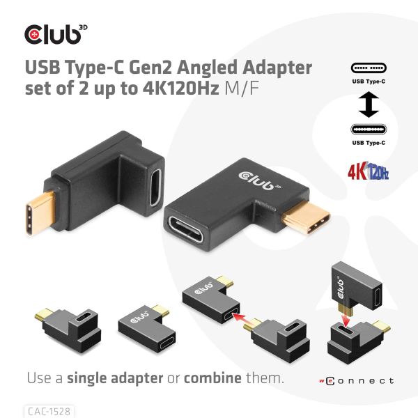 CLUB3D USB Type-C Gen2 Angled Adapter set van 2 - 4K120Hz M/V (CAC-1528)