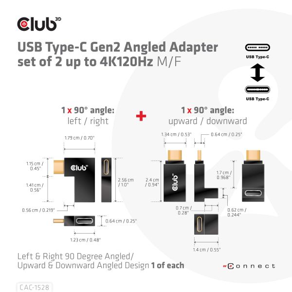 CLUB3D USB Type-C Gen2 Angled Adapter set van 2 - 4K120Hz M/V (CAC-1528)