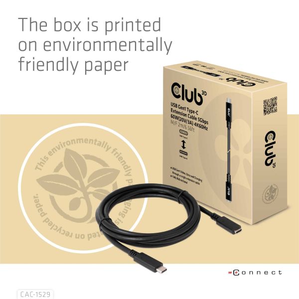 CLUB3D USB Gen1 Type-C Extensie kabel 5Gbps 60W(20V/3A) 4K60Hz M/F 1m/3.28ft (CAC-1531)