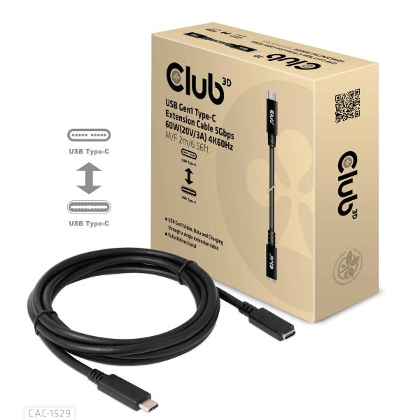 CLUB3D USB Gen1 Type-C Extensie kabel 5Gbps 60W(20V/3A) 4K60Hz M/F 1m/3.28ft (CAC-1531)