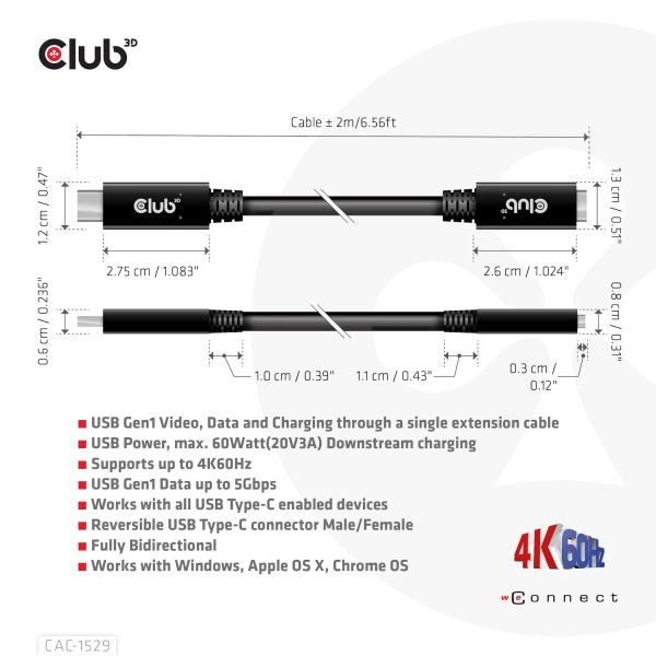 CLUB3D USB Gen1 Type-C Extensie kabel 5Gbps 60W(20V/3A) 4K60Hz M/F 1m/3.28ft (CAC-1531)