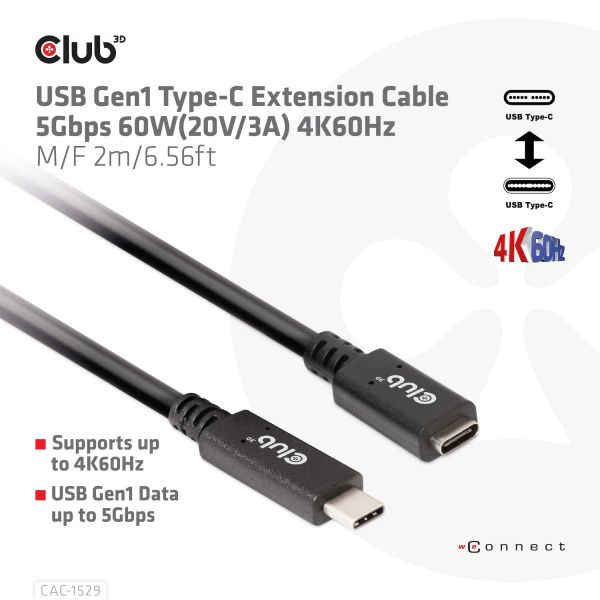 CLUB3D USB Gen1 Type-C Extensie kabel 5Gbps 60W(20V/3A) 4K60Hz M/F 1m/3.28ft (CAC-1531)