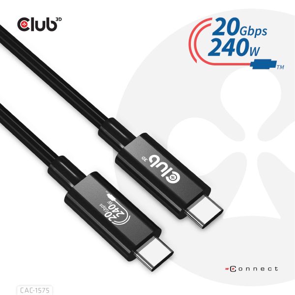 CLUB3D USB4 Gen2x2 Type-C Bi-Directional Cable 4K60Hz, Data 20Gbps, PD 240W(48V/5A) EPR M/M 2m USB IF GECERTIFCIEERD (CAC-1575)