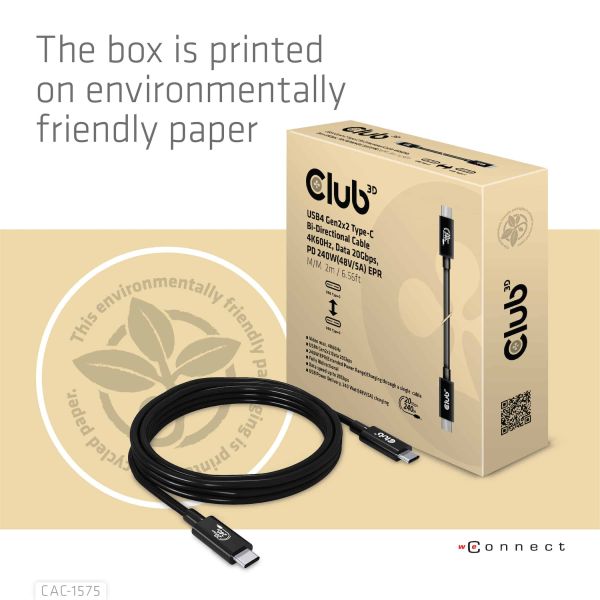 CLUB3D USB4 Gen2x2 Type-C Bi-Directional Cable 4K60Hz, Data 20Gbps, PD 240W(48V/5A) EPR M/M 2m USB IF GECERTIFCIEERD (CAC-1575)