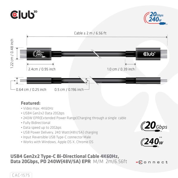 CLUB3D USB4 Gen2x2 Type-C Bi-Directional Cable 4K60Hz, Data 20Gbps, PD 240W(48V/5A) EPR M/M 2m USB IF GECERTIFCIEERD (CAC-1575)