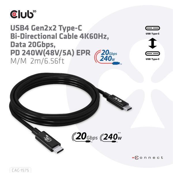 CLUB3D USB4 Gen2x2 Type-C Bi-Directional Cable 4K60Hz, Data 20Gbps, PD 240W(48V/5A) EPR M/M 2m USB IF GECERTIFCIEERD (CAC-1575)