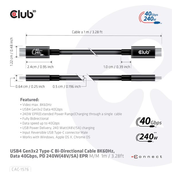 CLUB3D USB4 Gen3x2 Type-C Bi-Directional Cable 8K60Hz, Data 40Gbps, PD 240W(48V/5A) EPR M/M 1m USB IF GECERTIFICEERD (CAC-1576)
