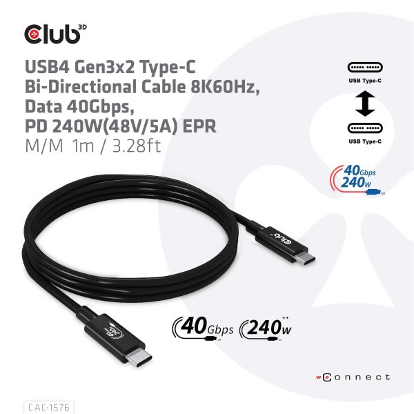 CLUB3D USB4 Gen3x2 Type-C Bi-Directional Cable 8K60Hz, Data 40Gbps, PD 240W(48V/5A) EPR M/M 1m USB IF GECERTIFICEERD (CAC-1576)