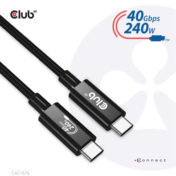 CLUB3D USB4 Gen3x2 Type-C Bi-Directional Cable 8K60Hz, Data 40Gbps, PD 240W(48V/5A) EPR M/M 1m USB IF GECERTIFICEERD (CAC-1576)