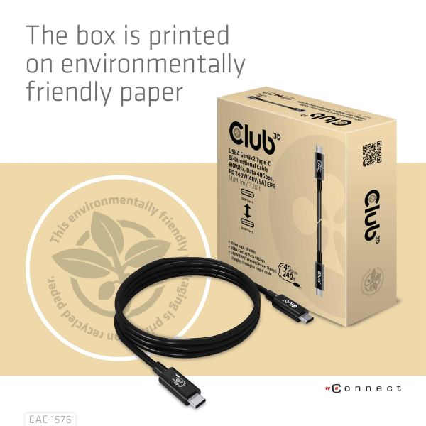 CLUB3D USB4 Gen3x2 Type-C Bi-Directional Cable 8K60Hz, Data 40Gbps, PD 240W(48V/5A) EPR M/M 1m USB IF GECERTIFICEERD (CAC-1576)