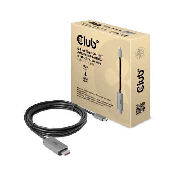 CLUB3D USB Gen2 Type-C to HDMI 4K120Hz 8K60Hz HDR10 with DSC1.2 Active Cable M/M 3m (CAC-1587)