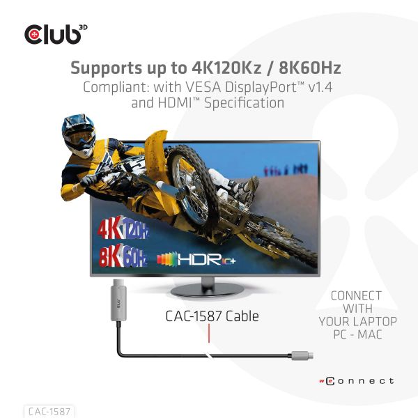 CLUB3D USB Gen2 Type-C to HDMI 4K120Hz 8K60Hz HDR10 with DSC1.2 Active Cable M/M 3m (CAC-1587)