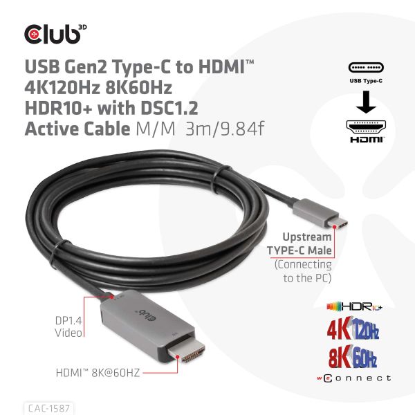 CLUB3D USB Gen2 Type-C to HDMI 4K120Hz 8K60Hz HDR10 with DSC1.2 Active Cable M/M 3m (CAC-1587)