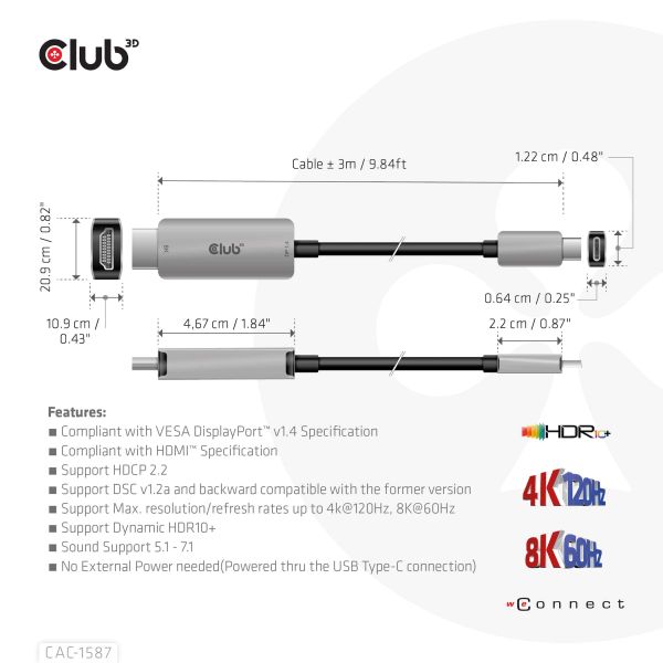 CLUB3D USB Gen2 Type-C to HDMI 4K120Hz 8K60Hz HDR10 with DSC1.2 Active Cable M/M 3m (CAC-1587)