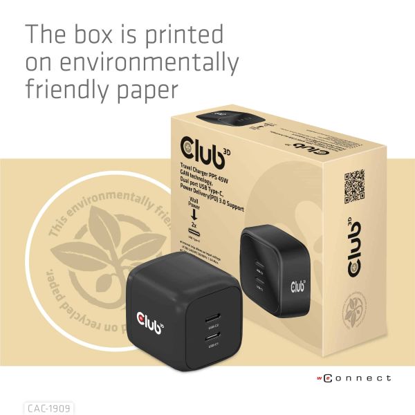 CLUB3D Travel Charger PPS 45W GAN technology, Dual port USB Type-C, Power Delivery(PD) 3.0 Support (CAC-1909EU)