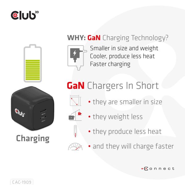 CLUB3D Travel Charger PPS 45W GAN technology, Dual port USB Type-C, Power Delivery(PD) 3.0 Support (CAC-1909EU)