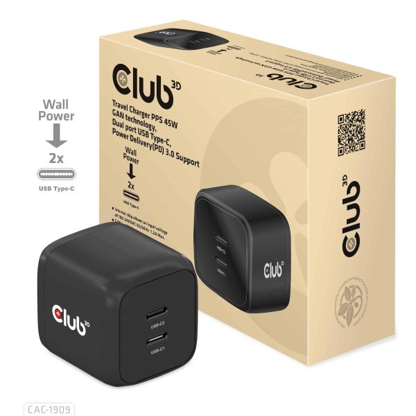 CLUB3D Travel Charger PPS 45W GAN technology, Dual port USB Type-C, Power Delivery(PD) 3.0 Support (CAC-1909EU)