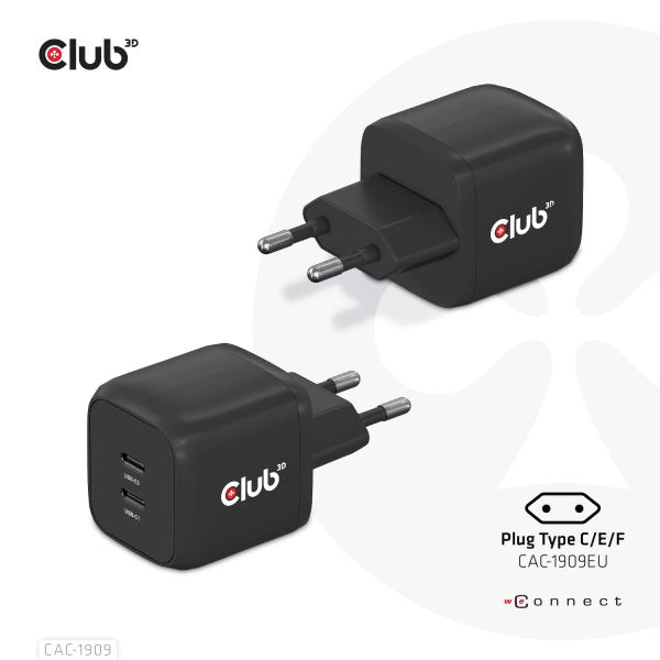 CLUB3D Travel Charger PPS 45W GAN technology, Dual port USB Type-C, Power Delivery(PD) 3.0 Support (CAC-1909EU)