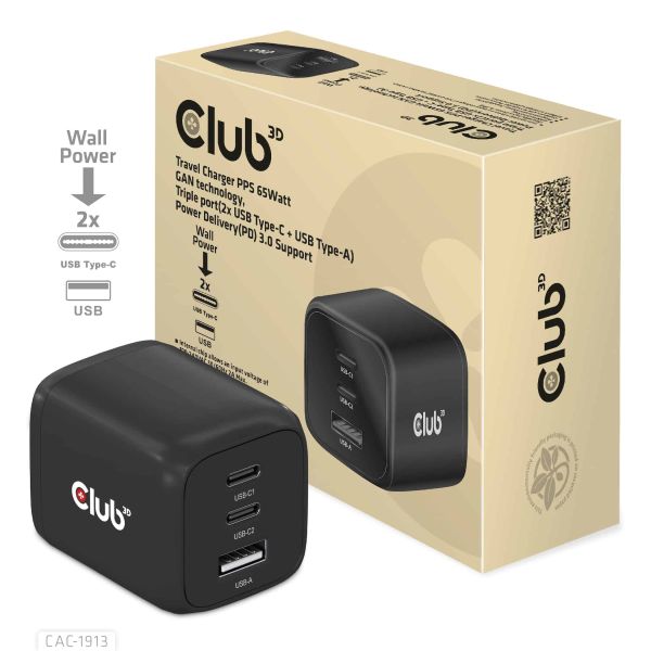 CLUB3D Travel Charger PPS 65Watt GAN technology, Triple port (2x USB Type-C + USB Type-A) Power Delivery(PD) 3.0 Support (CAC-1913EU)