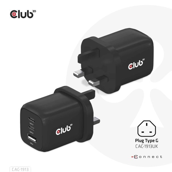 CLUB3D Travel Charger PPS 65Watt GAN technology, Triple port (2x USB Type-C + USB Type-A) Power Delivery(PD) 3.0 Support (CAC-1913EU)