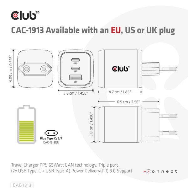 CLUB3D Travel Charger PPS 65Watt GAN technology, Triple port (2x USB Type-C + USB Type-A) Power Delivery(PD) 3.0 Support (CAC-1913EU)