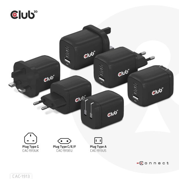 CLUB3D Travel Charger PPS 65Watt GAN technology, Triple port (2x USB Type-C + USB Type-A) Power Delivery(PD) 3.0 Support (CAC-1913EU)