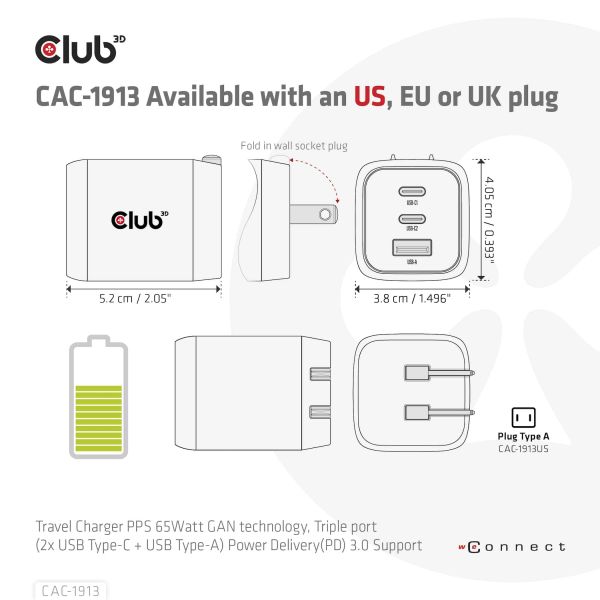 CLUB3D Travel Charger PPS 65Watt GAN technology, Triple port (2x USB Type-C + USB Type-A) Power Delivery(PD) 3.0 Support (CAC-1913EU)