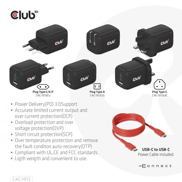 CLUB3D Travel Charger PPS 65Watt GAN technology, Triple port (2x USB Type-C + USB Type-A) Power Delivery(PD) 3.0 Support (CAC-1913EU)