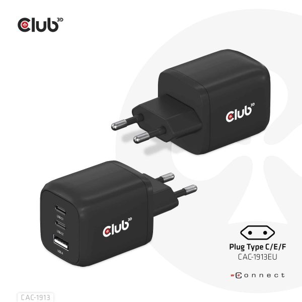 CLUB3D Travel Charger PPS 65Watt GAN technology, Triple port (2x USB Type-C + USB Type-A) Power Delivery(PD) 3.0 Support (CAC-1913EU) CLUB3D Travel Charger PPS 65Watt GAN technology, Triple port (2x USB Type-C + USB Type-A) Power Delivery(PD) 3.0 Support (CAC-1913EU)