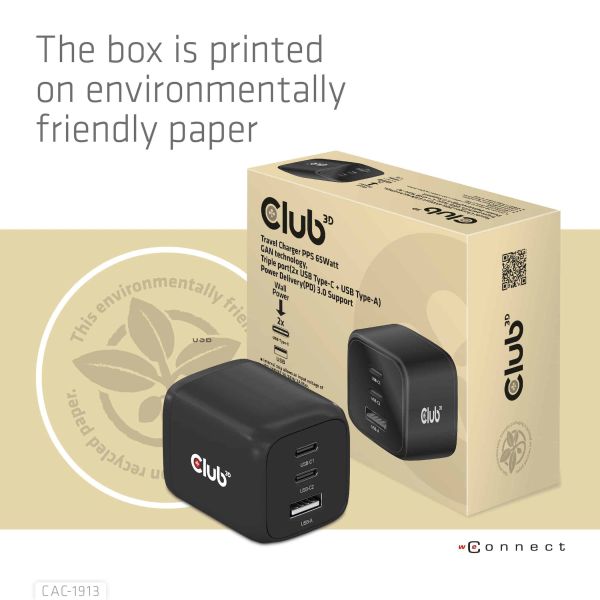 CLUB3D Travel Charger PPS 65Watt GAN technology, Triple port (2x USB Type-C + USB Type-A) Power Delivery(PD) 3.0 Support (CAC-1913EU)