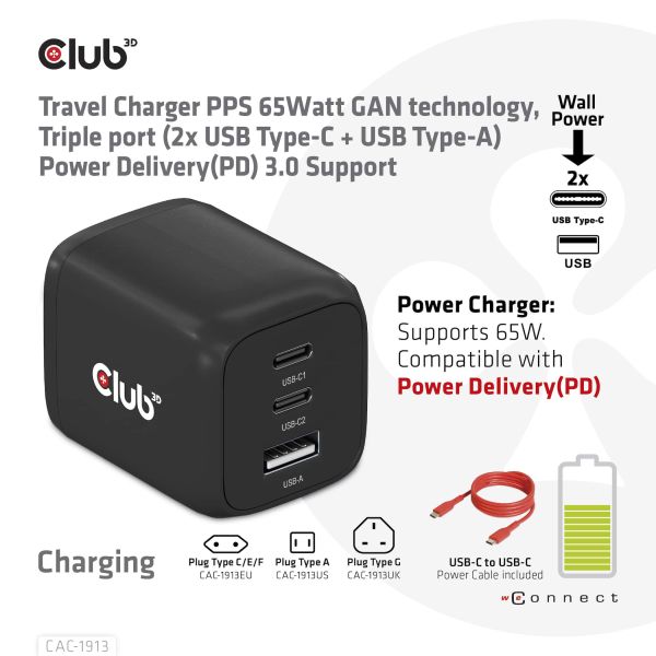 CLUB3D Travel Charger PPS 65Watt GAN technology, Triple port (2x USB Type-C + USB Type-A) Power Delivery(PD) 3.0 Support (CAC-1913EU)